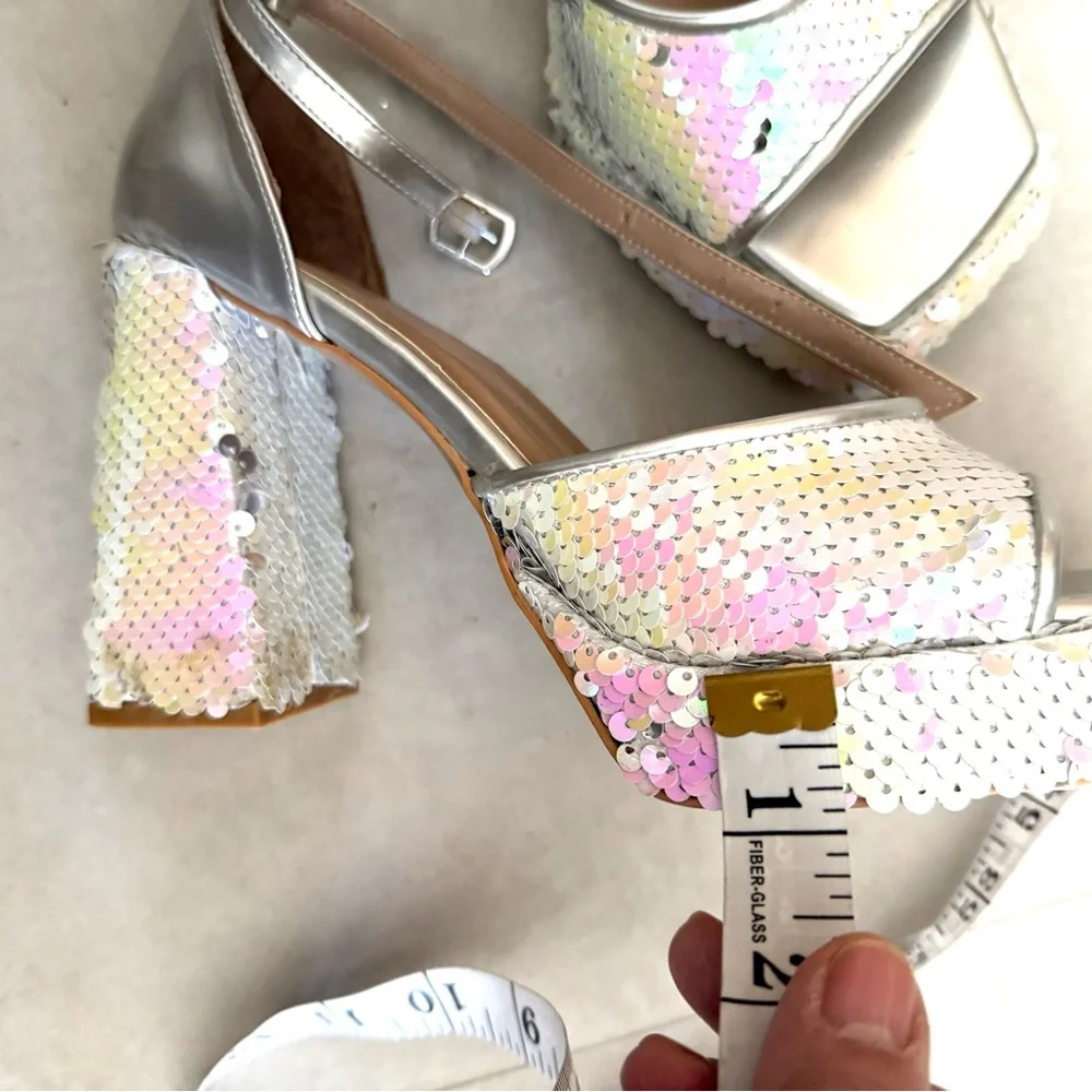 Nasty Gal White sequin and silver tone leather platform party sandals - Picture 7 of 8
